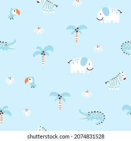 Tropical jungle seamless pattern. Cute wild animals in a simple hand-drawn Scandinavian doodle style. Nursery pastel palette is ideal for printing baby clothes, fabrics. Vector cartoon background