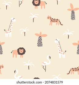 Tropical jungle seamless pattern. Cute wild animals in a simple hand-drawn Scandinavian doodle style. Nursery pastel palette is ideal for printing baby clothes, fabrics. Vector cartoon background