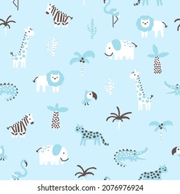 Tropical jungle seamless pattern. Cute wild animals in a simple hand-drawn Scandinavian doodle style. Nursery pastel palette is ideal for printing baby clothes, fabrics. Vector cartoon background