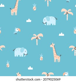 Tropical jungle seamless pattern. Cute wild animals in a simple hand-drawn Scandinavian doodle style. Nursery pastel palette is ideal for printing baby clothes, fabrics. Vector cartoon background