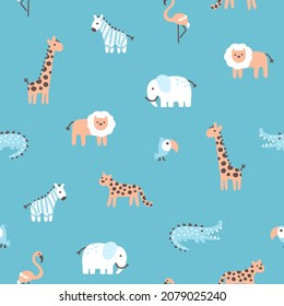 Tropical jungle seamless pattern. Cute wild animals in a simple hand-drawn Scandinavian doodle style. Nursery pastel palette is ideal for printing baby clothes, fabrics. Vector cartoon background