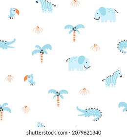 Tropical jungle seamless pattern. Cute wild animals in a simple hand-drawn Scandinavian doodle style. Nursery pastel palette is ideal for printing baby clothes, fabrics. Vector cartoon background