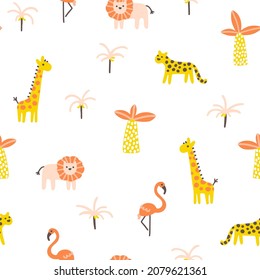 Tropischer Dschungel nahtlos Muster. Frische Wildtiere in einem einfachen, handgezeichneten skandinavischen Doodle-Stil. Die pastellfarbene Nurserie ist ideal für den Druck von Babybekleidung, Textilien. Vektorgrafik-Hintergrund
