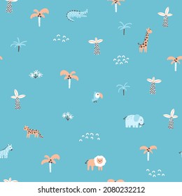 Tropical jungle seamless pattern. Cute wild animals in a simple hand-drawn Scandinavian doodle style. Nursery pastel palette is ideal for printing baby clothes, fabrics. Vector cartoon background