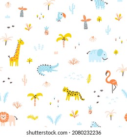 Tropical jungle seamless pattern. Cute wild animals in a simple hand-drawn Scandinavian doodle style. Nursery pastel palette is ideal for printing baby clothes, fabrics. Vector cartoon background.