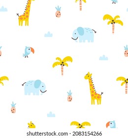Tropical jungle seamless pattern. Cute wild animals in a simple hand-drawn Scandinavian doodle style. Nursery pastel palette is ideal for printing baby clothes, fabrics. Vector cartoon background