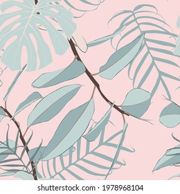 Tropical jungle seamless pattern with ficus trees, palm leaves, pink background for wedding, quotes, Birthday and invitation cards, greeting cards, print, blogs, bridal cards.