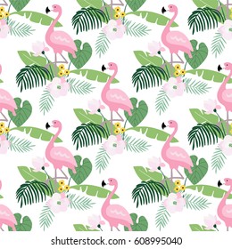 Tropical jungle seamless pattern with flamingo bird, palm leaves and magnolia or lotus flowers. Flat design, vector illustration background.