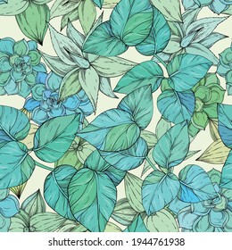 Tropical jungle seamless pattern, green foliage background,