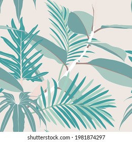 Selva tropical sin soldadura con árboles de menta ficus, hojas de palma, fondo beige para boda, citas, cumpleaños y tarjetas de invitación, tarjetas de felicitación, impresos, blogs, tarjetas de novia.