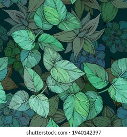 Tropical jungle seamless pattern on dark green foliage background,