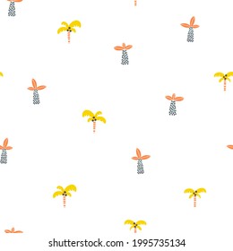 Patrón de la jungla tropical sin soldadura. Palmeras y plantas en un sencillo estilo de doodle escandinavo dibujado a mano. Paleta pastel de guardería para imprimir ropa de bebé, tejidos textiles. Fondo de la caricatura vectorial.