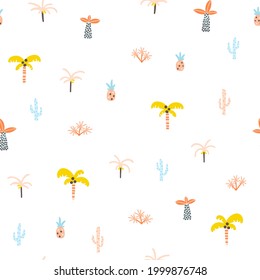 Tropical jungle seamless pattern. Palm trees and plants in a simple hand-drawn Scandinavian doodle style. Nursery pastel palette for printing baby clothes, textiles fabrics. Vector cartoon background.