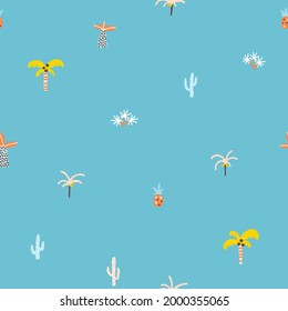 Tropical jungle seamless pattern. Palm trees and plants in a simple hand-drawn Scandinavian doodle style. Nursery pastel palette for printing baby clothes, textiles fabrics. Vector cartoon background.