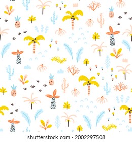 Tropical jungle seamless pattern. Palm trees and plants in a simple hand-drawn Scandinavian doodle style. Nursery pastel palette for printing baby clothes, textiles fabrics. Vector cartoon background.