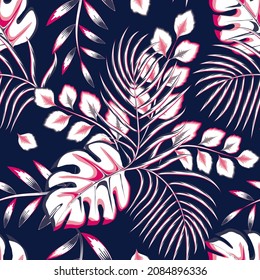 Tropical jungle seamless pattern with pink gray abstract monstera palm leaves plants and foliage on dark background. vector design. fashionable texture. Exotic tropics. Summer design. nature wallpaper