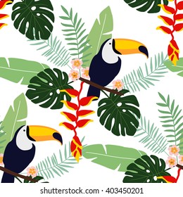 Tropical jungle seamless pattern with toucan bird, heliconia and plumeria flowers and palm leaves, flat design, vector illustration background