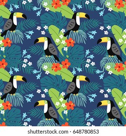 Tropical jungle seamless pattern with toucan bird, hibiscus flowers and palm leaves. Flat design, vector illustration background.