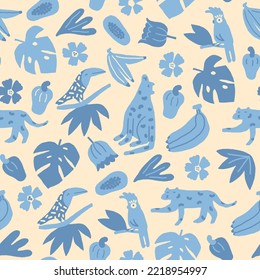 Tropical jungle seamless pattern with various of birds, animals, flowers and fruits. Exotic funny and cute illustration.