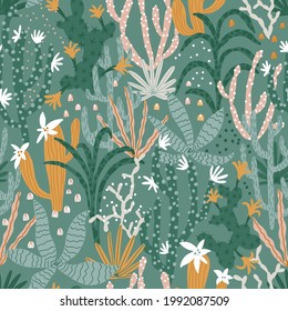 Tropical jungle seamless pattern. Vector illustrations of plants, cacti, succulents in a simple cartoon hand-drawn style. Pastel earthy palette