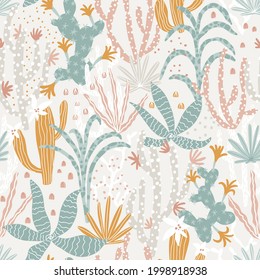 Tropical jungle seamless pattern. Vector illustrations of plants, cacti, succulents in a simple cartoon hand-drawn style. Pastel earthy palette