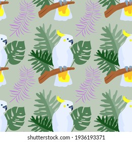 Tropical jungle seamless pattern with white parrot , palm and monstera leaves, cute design, vector flat illustration background
