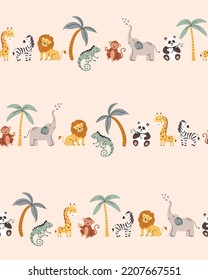 Tropical jungle seamless pattern. Zoo animals in lines. Cute wild animals in a simple Scandinavian style. Vector cartoon background