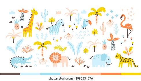 Tropical jungle set with wild animals and palms in a simple hand-drawn Scandinavian doodle style. Nurseri pastel palette is ideal for printing baby clothes, textiles, fabrics. Vector isolate