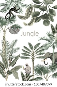 Tropical jungle slogan palm leaves, banana tree, monkey, elephant, sloth wild animal vintage floral illustration. Exotic frame card.