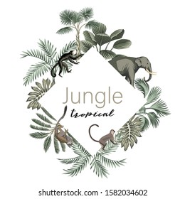 Tropical jungle slogan palm tree, palm leaves floral, elephant, monkey animal vintage illustration. Exotic frame summer print.