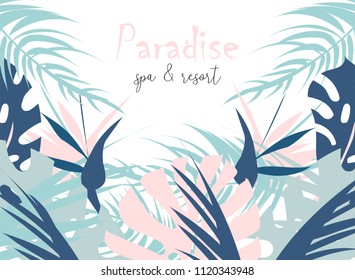 Tropical jungle summer illustration of different palm leaves and wild flowers. Summer paradise. Pastel print for advertising, brochure, banner, invitation, wedding, birthday, party, signboard, poster