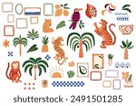 Tropical jungle summer vacation elements isolated on white. Wild animals, tropical palm tree, frames, stamps, exotic birds, fruits, flower, leaves. Cute travel and tourism, safari vector clipart.