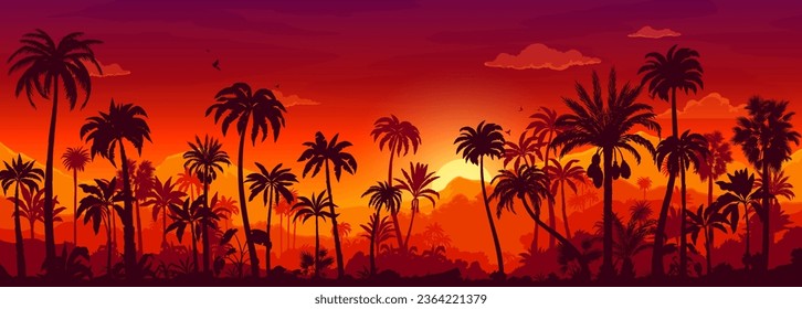 Tropical jungle sunset in forest, landscape silhouette or nature scenery, vector background. Red sun in jungle palm trees, sunset in Amazon, Asia or Africa with mountain rocks and clouds in sky