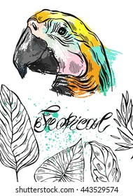 Tropical jungle template card with parrot bird and tropical palm leaf on white background. Hand drawn abstract textured summer illustration. Lettering. Summer tropical background for party,greeting