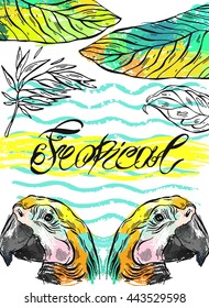 Tropical jungle template card with parrot bird and tropical palm leaf on white.Hand drawn abstract textured summer illustration.Lettering.Summer tropical background for journaling,save the date,poster
