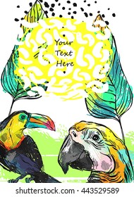 Tropical jungle template card with parrot,toucan birds and tropical palm leaf on white.Hand drawn abstract textured summer illustration.Summer tropical background for journaling,save the date,text