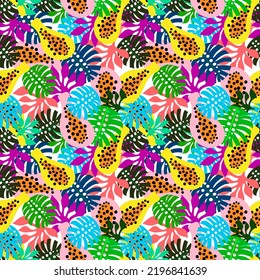 Tropical jungle theme different flowers seamless pattern. Tropical plants including abstract leaf and pink papaya seamless vector repeat pattern. It is suitable for interior, tile, fabric and textile.