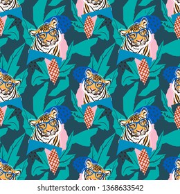 Tropical jungle & Tiger seamless vector Print patern. Paper cut illustration