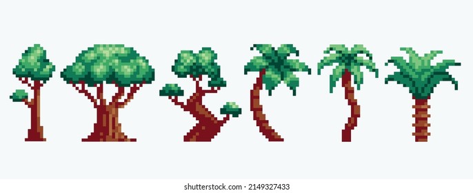 Tropical, jungle trees pixel art set. Coconut, banana palms collection. 8-bit sprite. Game development, mobile app.  Isolated vector illustration.