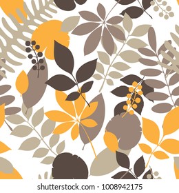 Tropical jungle trendy seamless pattern with exotic palm leaves and berries, leaf branches. Vector spring or summer floral endless background. Ideal for textile
