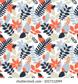 Tropical jungle trendy seamless pattern with exotic palm leaves and berries, leaf branches. Vector spring or summer floral endless background. Ideal for textile