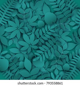 Tropical jungle trendy seamless pattern with exotic palm leaves, leaf branches. Vector 3d spring or summer floral endless background. Seasonal poster in trendy paper cut style. 
