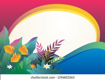 Tropical Jungle vector background Illustration, with big space for place your text. beautiful of a jungle landscape with leaves and foliage of tropical plants, trees and grass. 