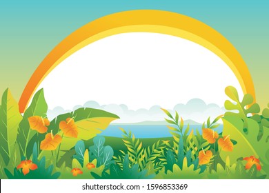 Tropical Jungle vector background Illustration, with big space for place your text. beautiful of a jungle landscape with leaves and foliage of tropical plants, trees and grass. 