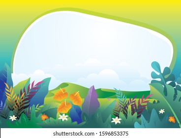 Tropical Jungle vector background Illustration, with big space for place your text. beautiful of a jungle landscape with leaves and foliage of tropical plants, trees and grass. 