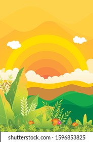 Tropical Jungle vector background Illustration, with big space for place your text. beautiful of a jungle landscape with leaves and foliage of tropical plants, trees and grass. 