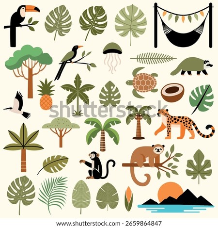 Tropical jungle vector clipart set featuring wild animals, birds, exotic plants, palm trees, and nature elements in a playful, flat style. Perfect for kids, prints, or travel themes.	