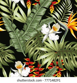 Tropical jungle vector flowers and leaves black background. Beach seamless pattern