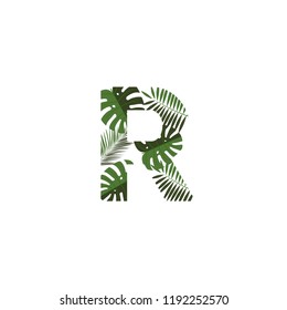 Tropical Jungle Vector Logo Letter R. R Letter Design Vector Jungle Monsterra Leaves.