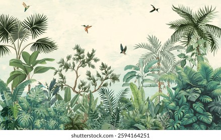 Tropical Jungle wall mural, Mughal Garden Illustration, Wallpaper, Birds.